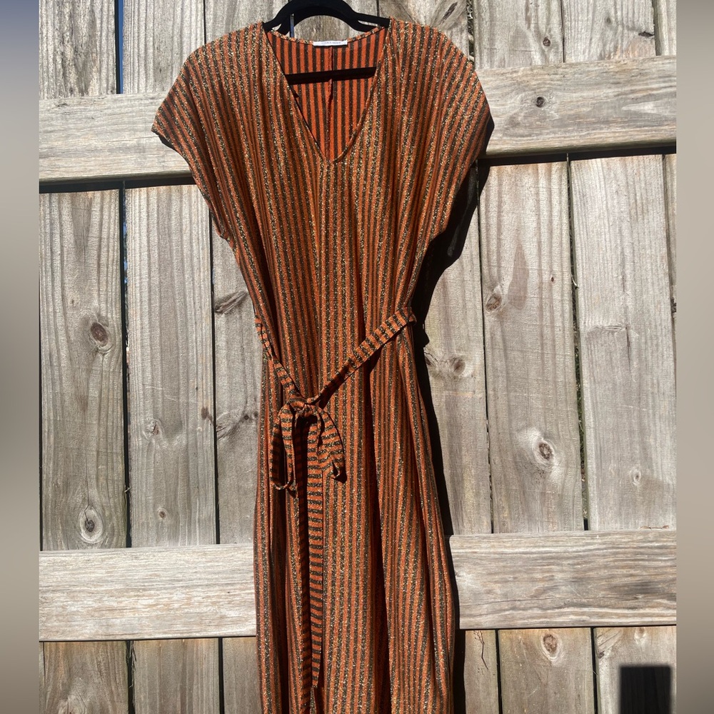Zara Orange, Gold, and Black Striped Midi Dress Size S